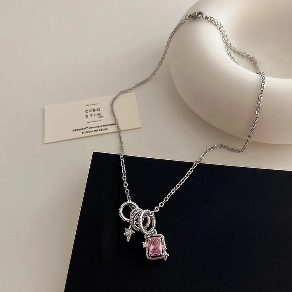 INS Style Fashionable Circles Round Pendant Pink Zircon Crystal Star Shaped Necklace for Women Girls Jewelry