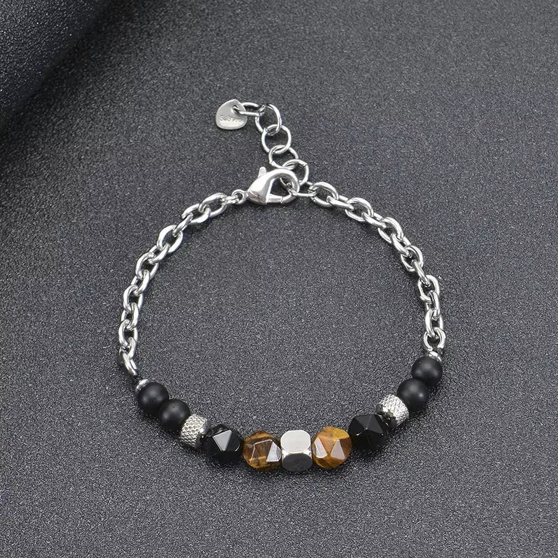 Frosted Stone Classic Gift Stainless Steel Beaded Natural Stone Men's Bracelet